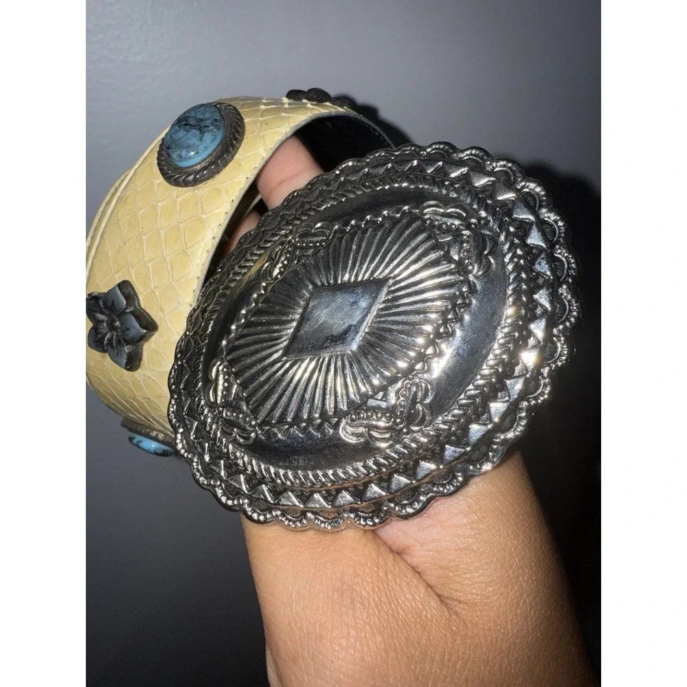 Western Belt Sz L  Turquoise Concho Silver Yellow Leather Snakeskin 36.5